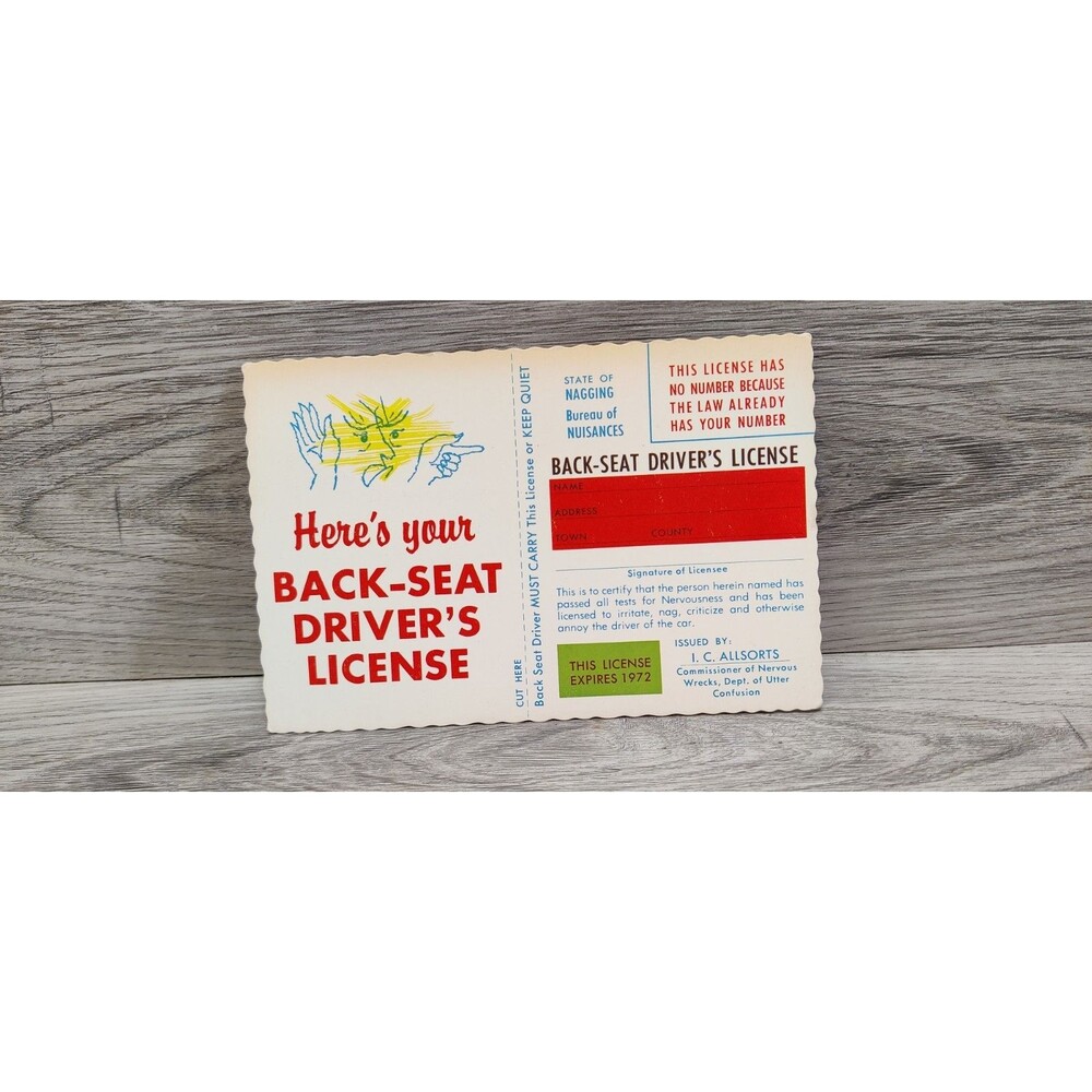 Postcard Here's Your Backseat Driver's License Humor Card